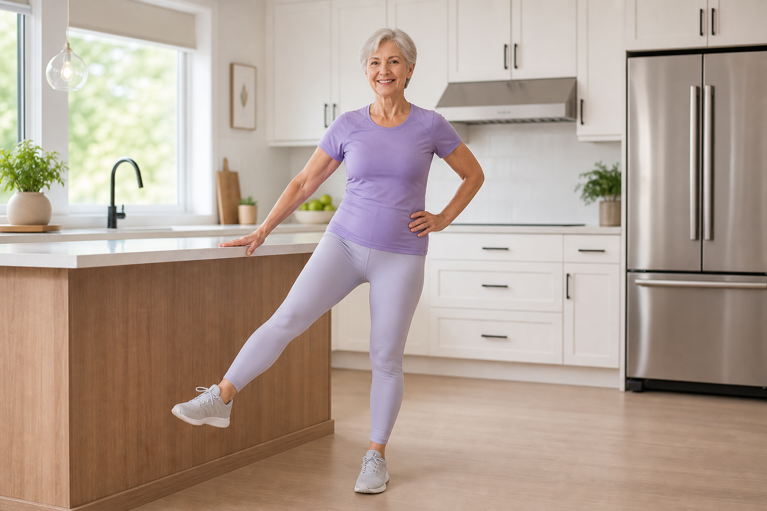 Senior woman doing a standing hip mobility exercise near a kitchen counter for support