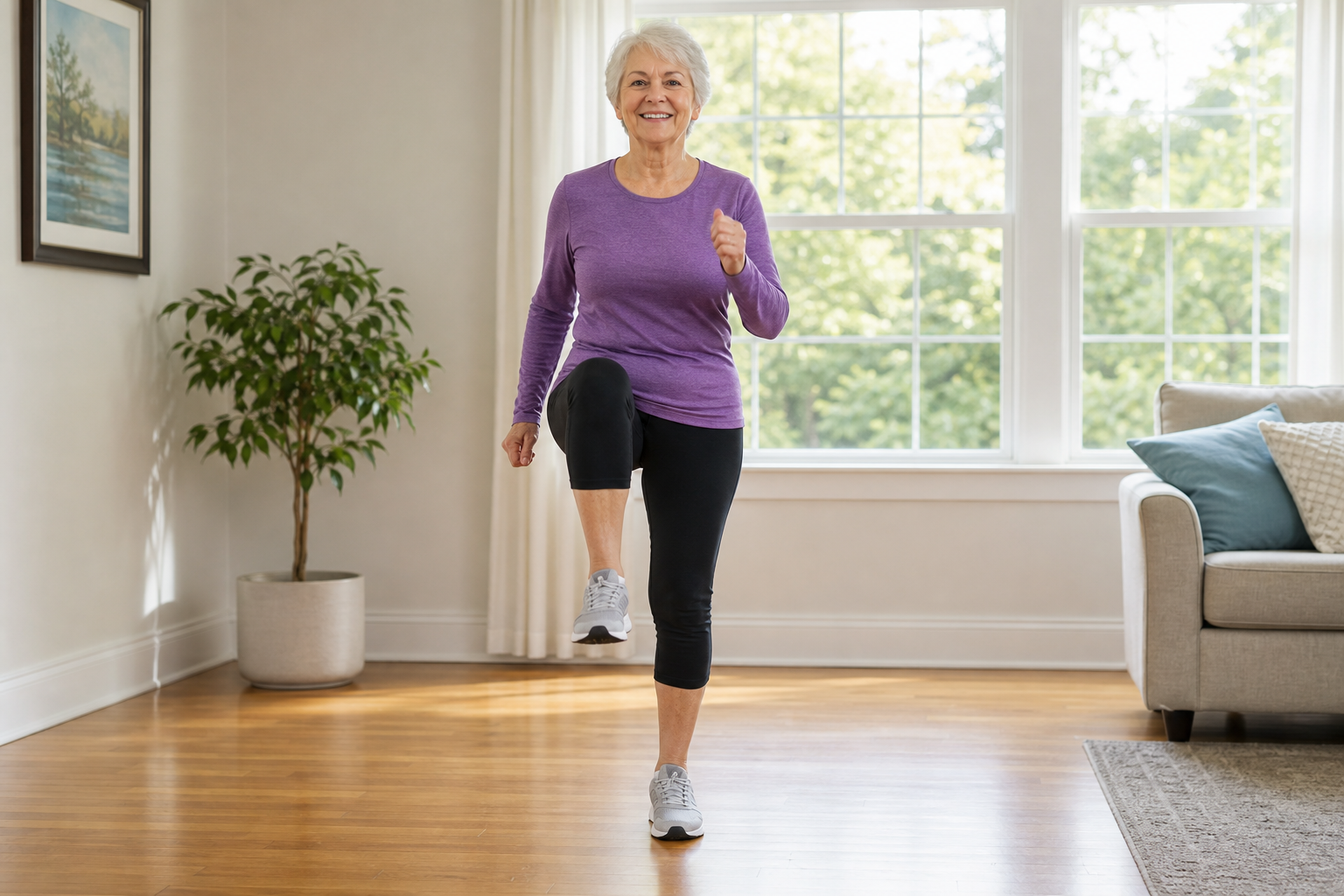Older woman doing standing low-impact marching cardio in a sunny living room