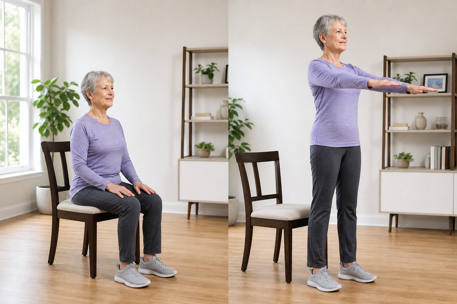 Older woman demonstrating the sit-to-stand exercise from seated to standing position with correct form