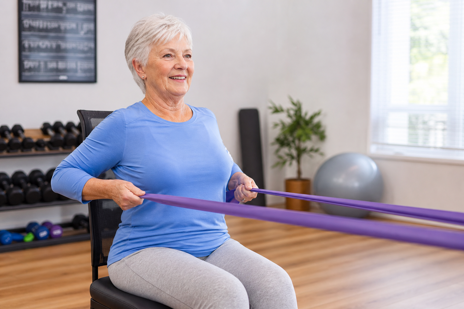 Senior woman seated on a chair doing a resistance band rowing exercise to strengthen upper back muscles