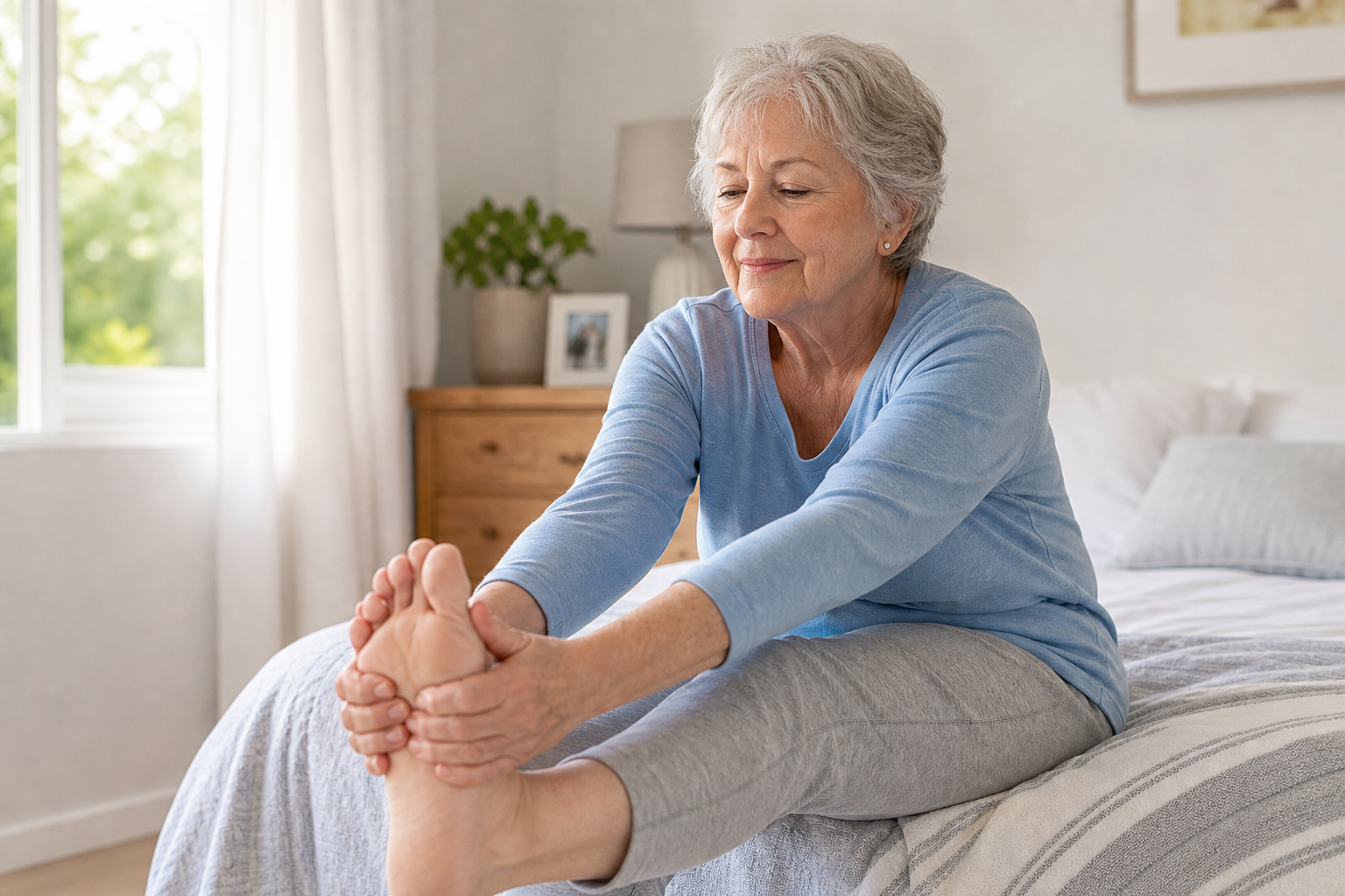 Senior woman sitting on a bed performing a plantar fascia stretch by pulling her toes back with her hands