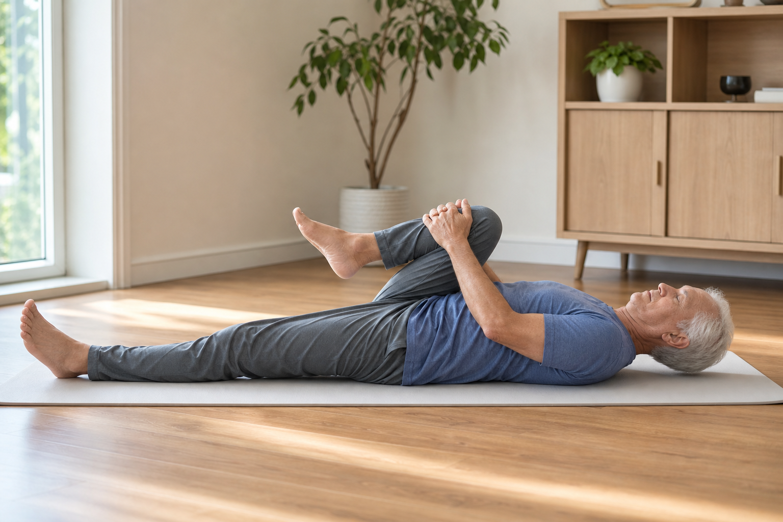 Senior man doing a knee-to-chest stretch on a yoga mat to relieve sciatica
