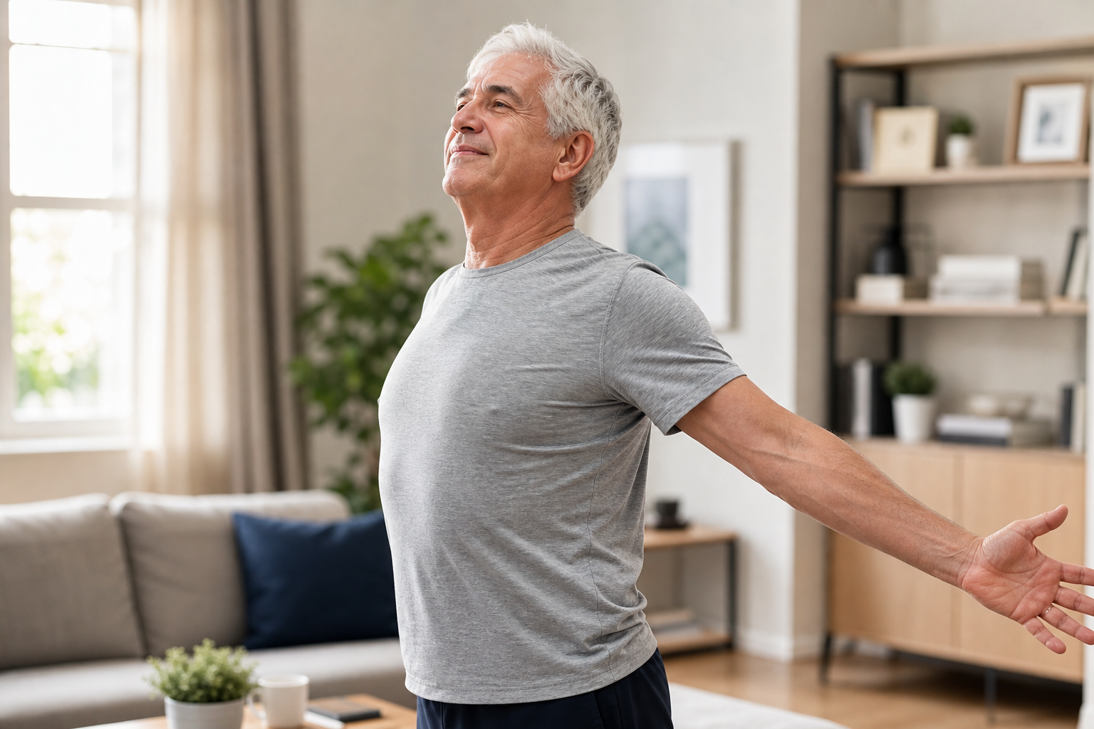 Senior man performing a chest-opening stretch with arms extended back in a bright living room