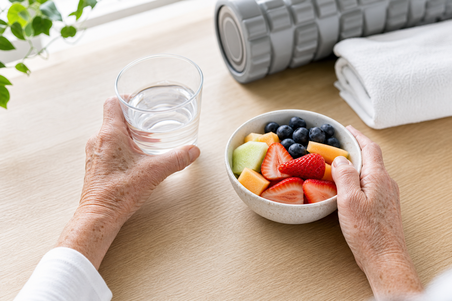 Senior woman's hands holding water and fresh fruit as part of post-workout recovery
