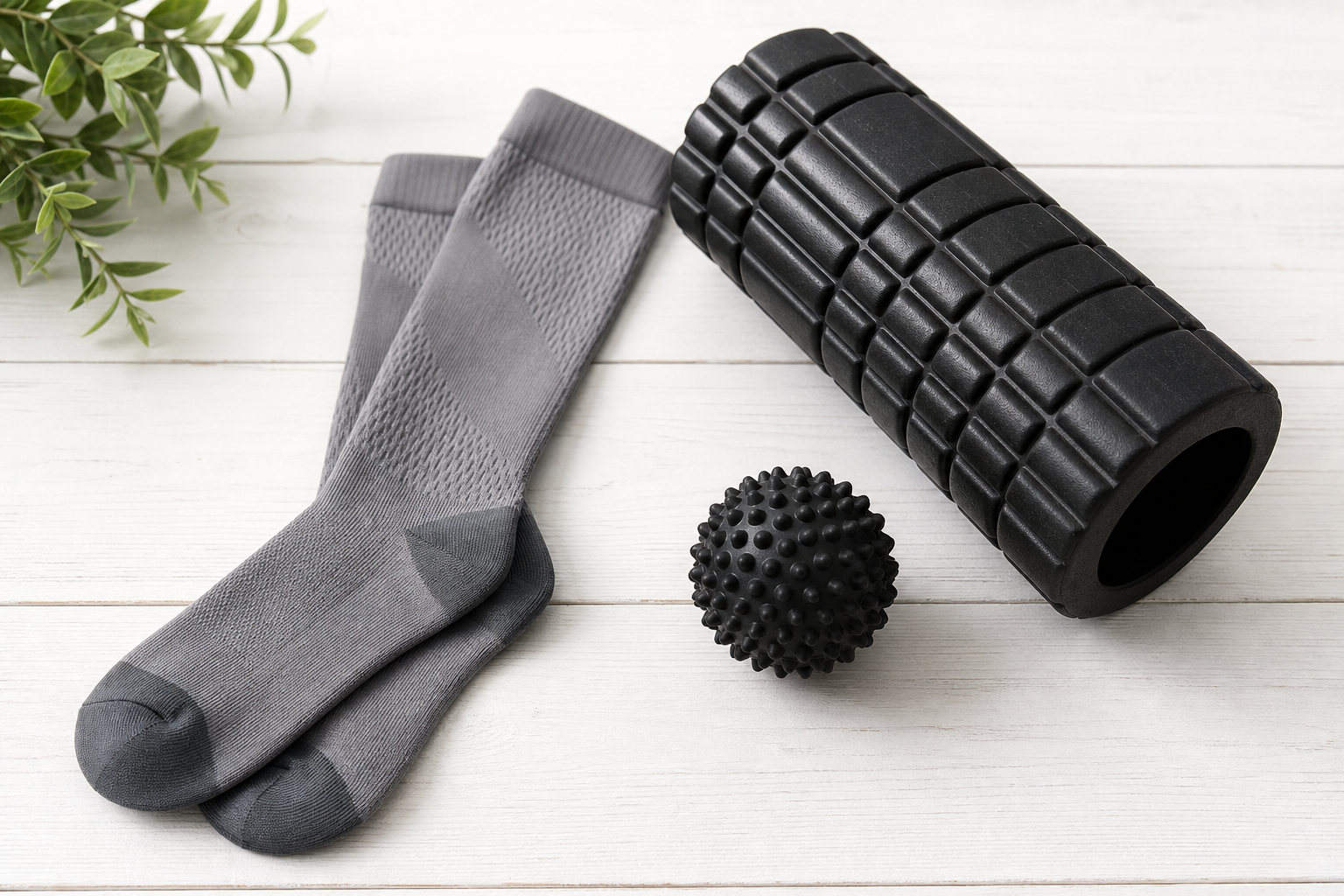 Compression socks, foam roller, and massage ball laid out as circulation support tools
