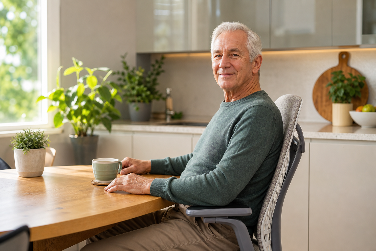 Senior man sitting with proper back-supporting posture at a kitchen table
