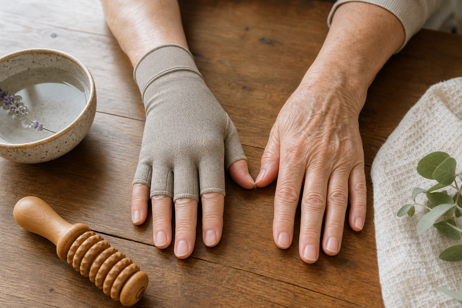 Elderly hands resting with an arthritis compression glove and hand care tools on a wooden surface