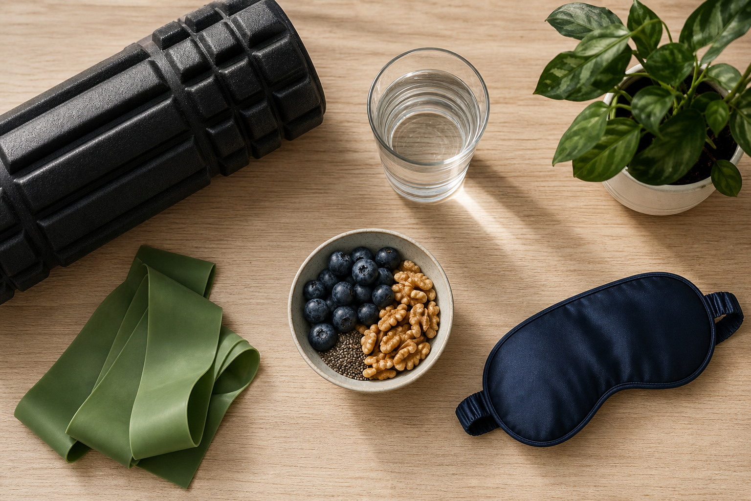 Top-down view of recovery and wellness items including a foam roller, resistance band, water, and healthy foods on a wooden surface