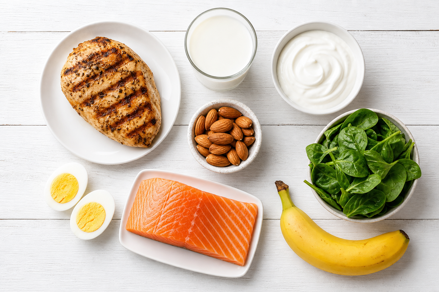Top-down view of protein and nutrient-rich foods like chicken, salmon, eggs, dairy, nuts, and greens laid out on a white surface