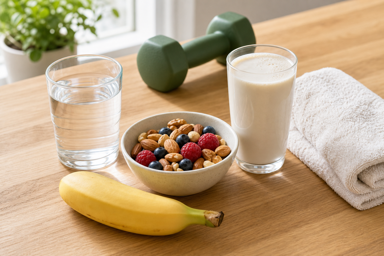Healthy recovery snacks and hydration laid out on a kitchen table after exercise