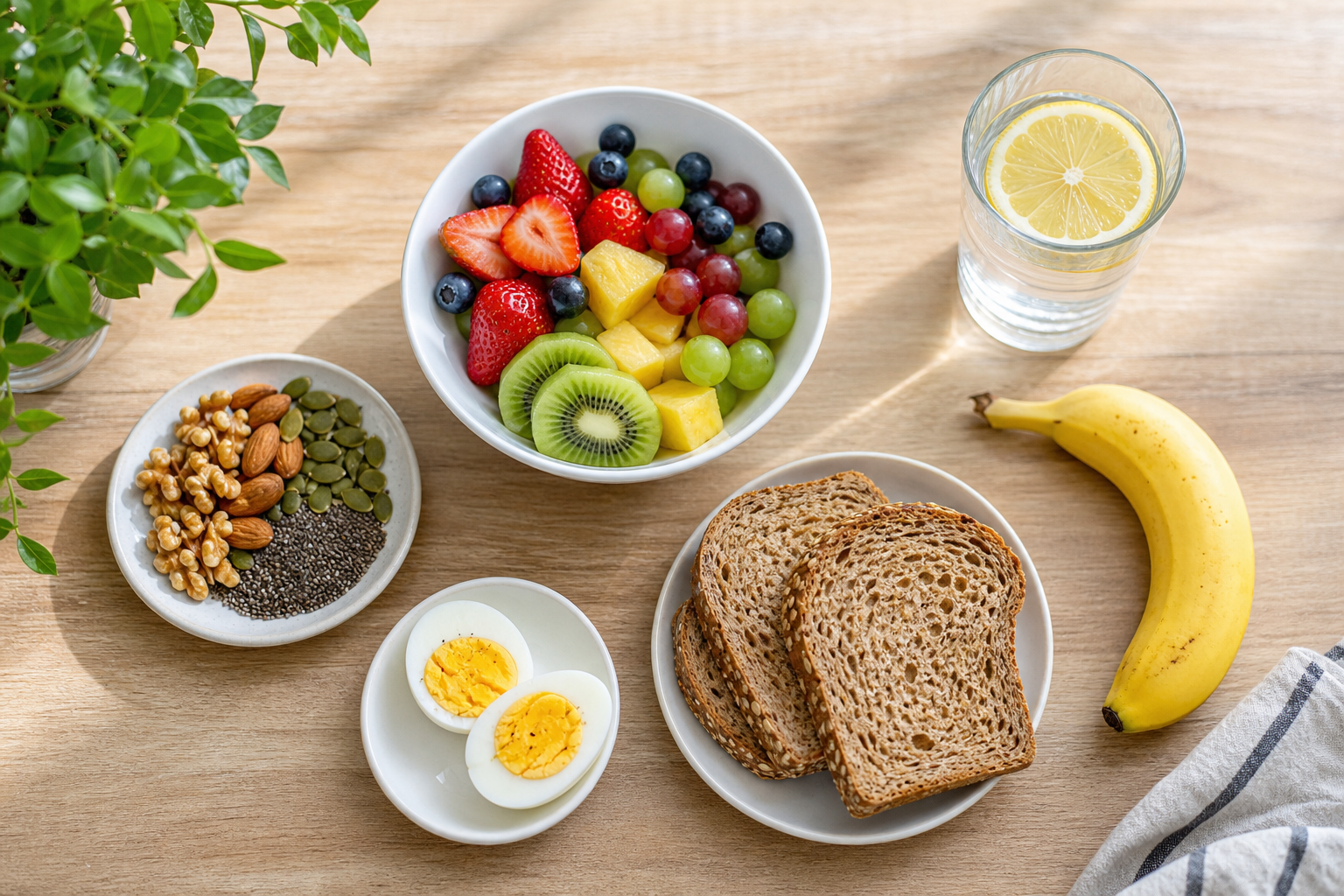 A healthy spread of nutritious foods including fruits, nuts, eggs, and whole grains on a wooden surface