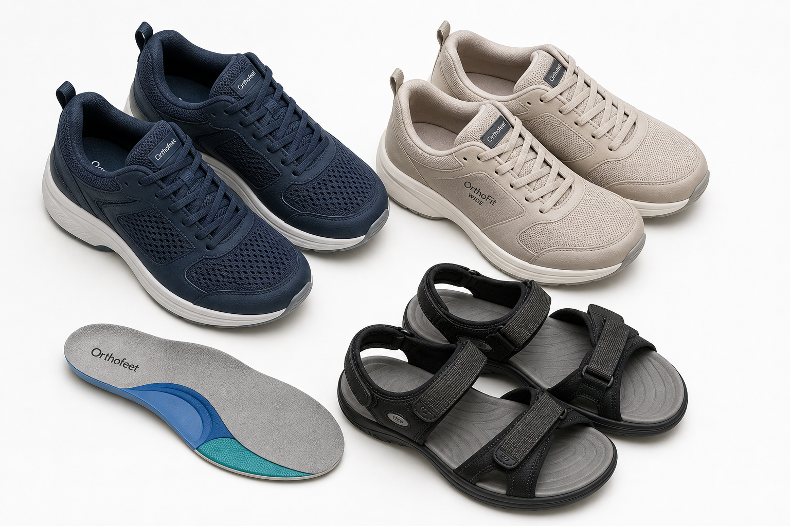 Three pairs of supportive orthopedic-style shoes with a removable insole displayed on a white surface
