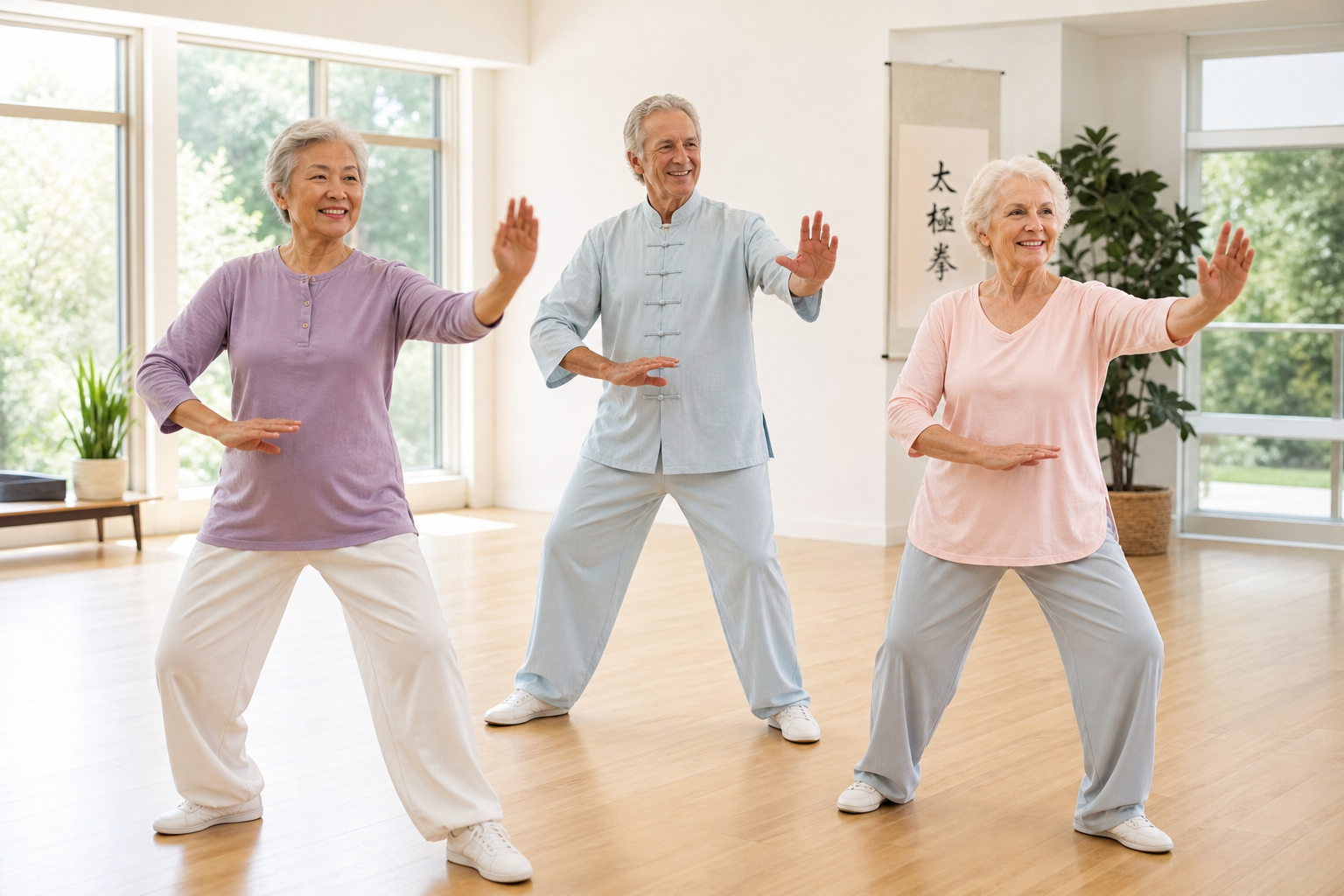 Group of seniors smiling and practicing tai chi together in a bright community studio
