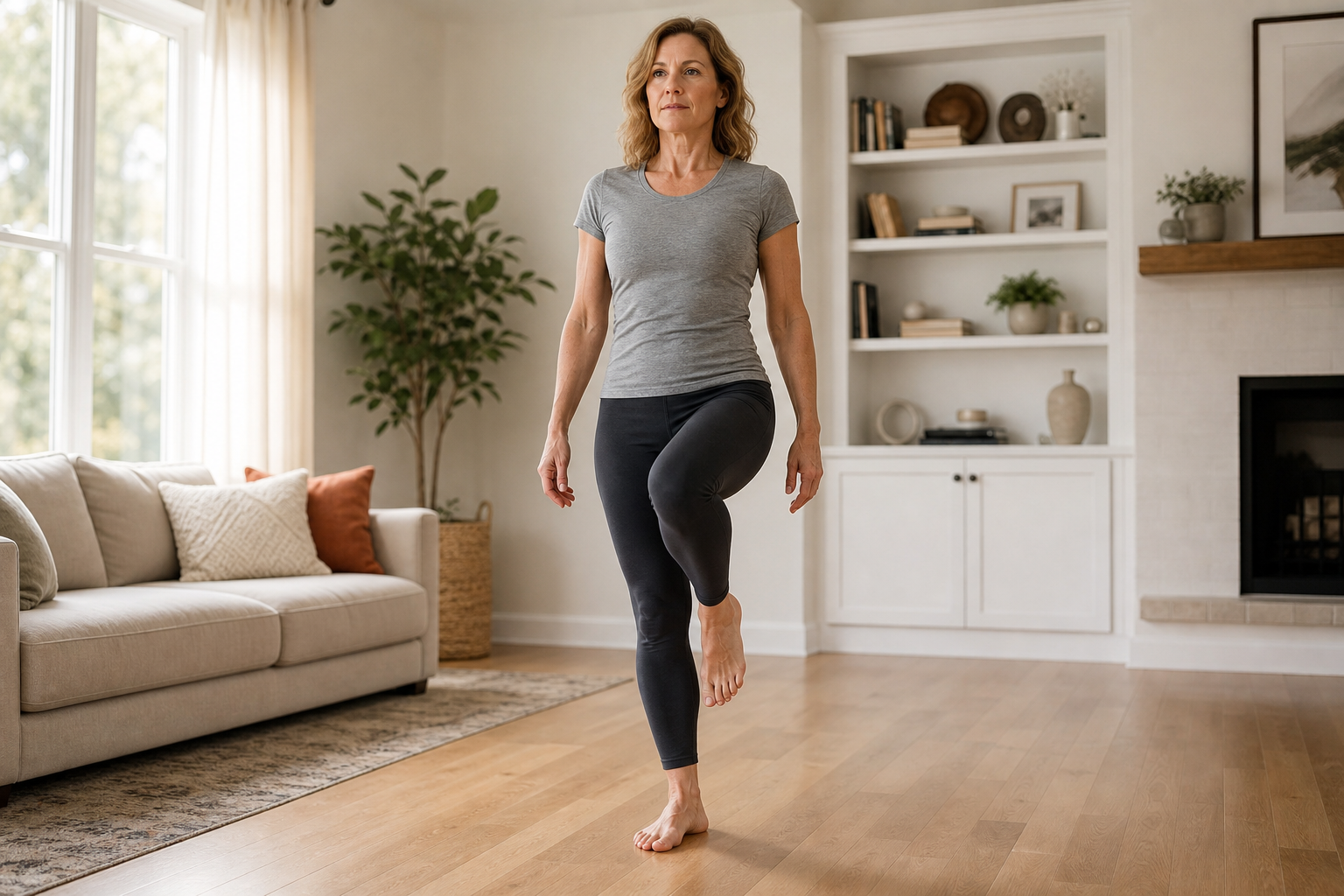 Woman balancing on one leg during a single-leg stand balance test at home