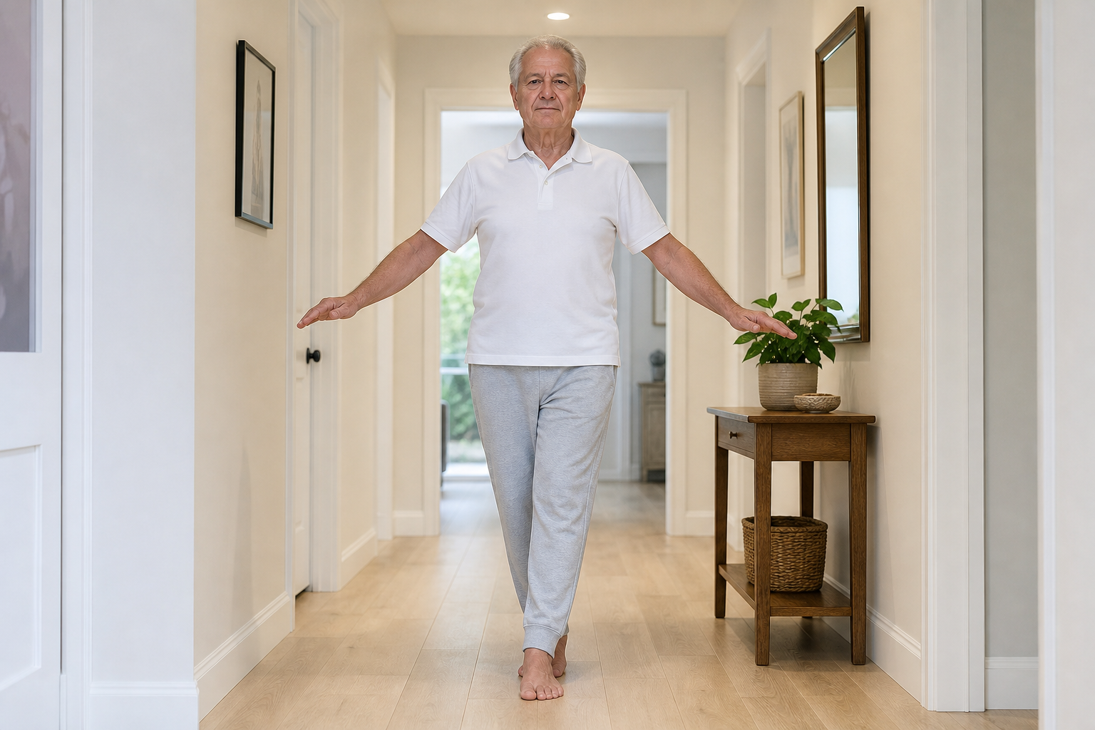 Older man performing a tandem stance balance test by standing heel-to-toe in a straight line