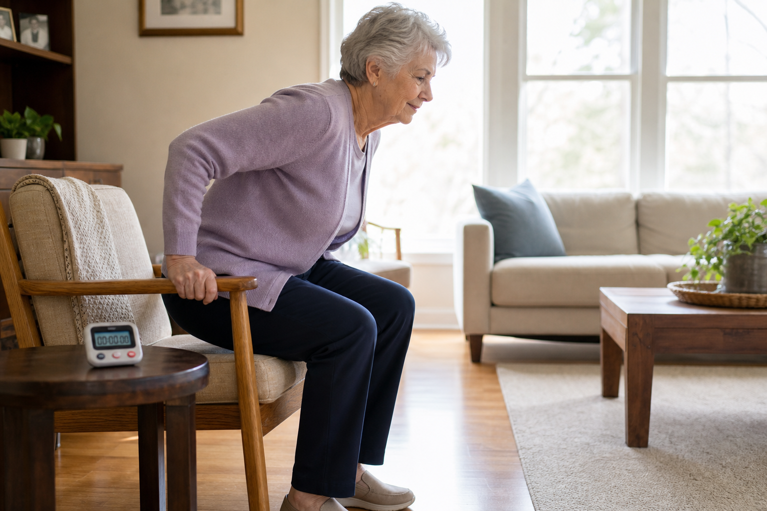 Elderly woman rising from a chair during the Timed Up and Go balance assessment test at home