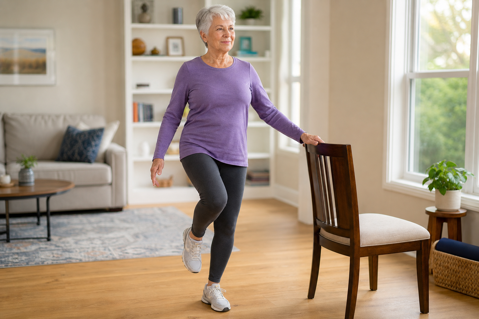 A senior woman practicing a single-leg balance exercise at home using a chair for light support