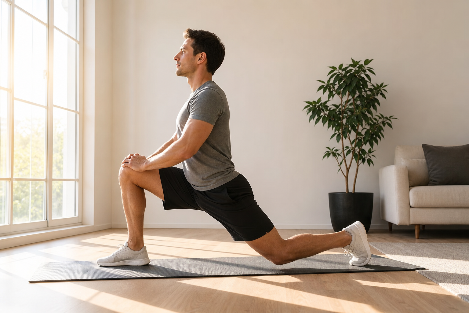Person performing a morning hip flexor stretch on a yoga mat in a bright living room