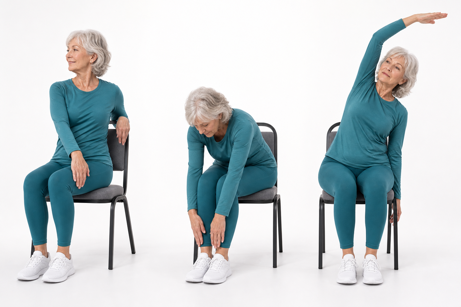 Older woman demonstrating three different beginner chair yoga poses in a sequence