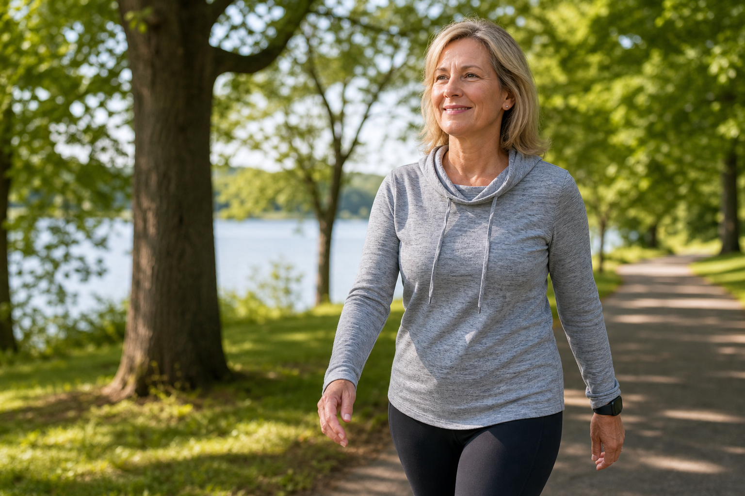 Middle-aged woman walking briskly on a tree-lined path as a heart-healthy exercise