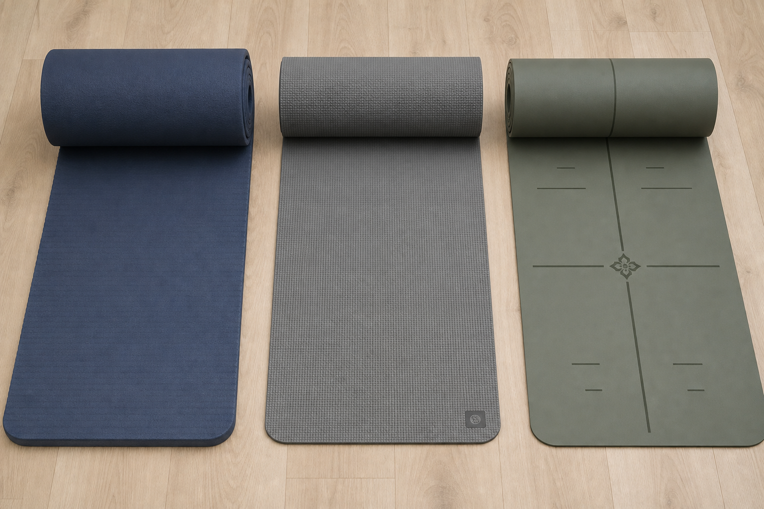 Three yoga mats of varying thickness and texture displayed side by side on a wooden floor