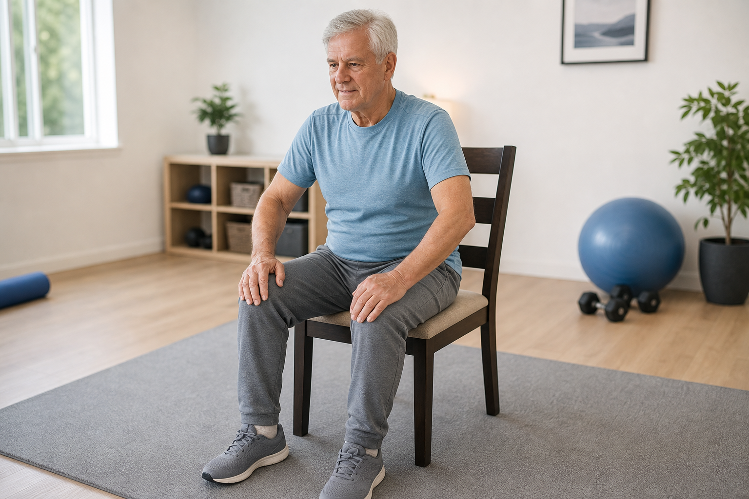 Older man doing a seated core exercise on a sturdy chair at home