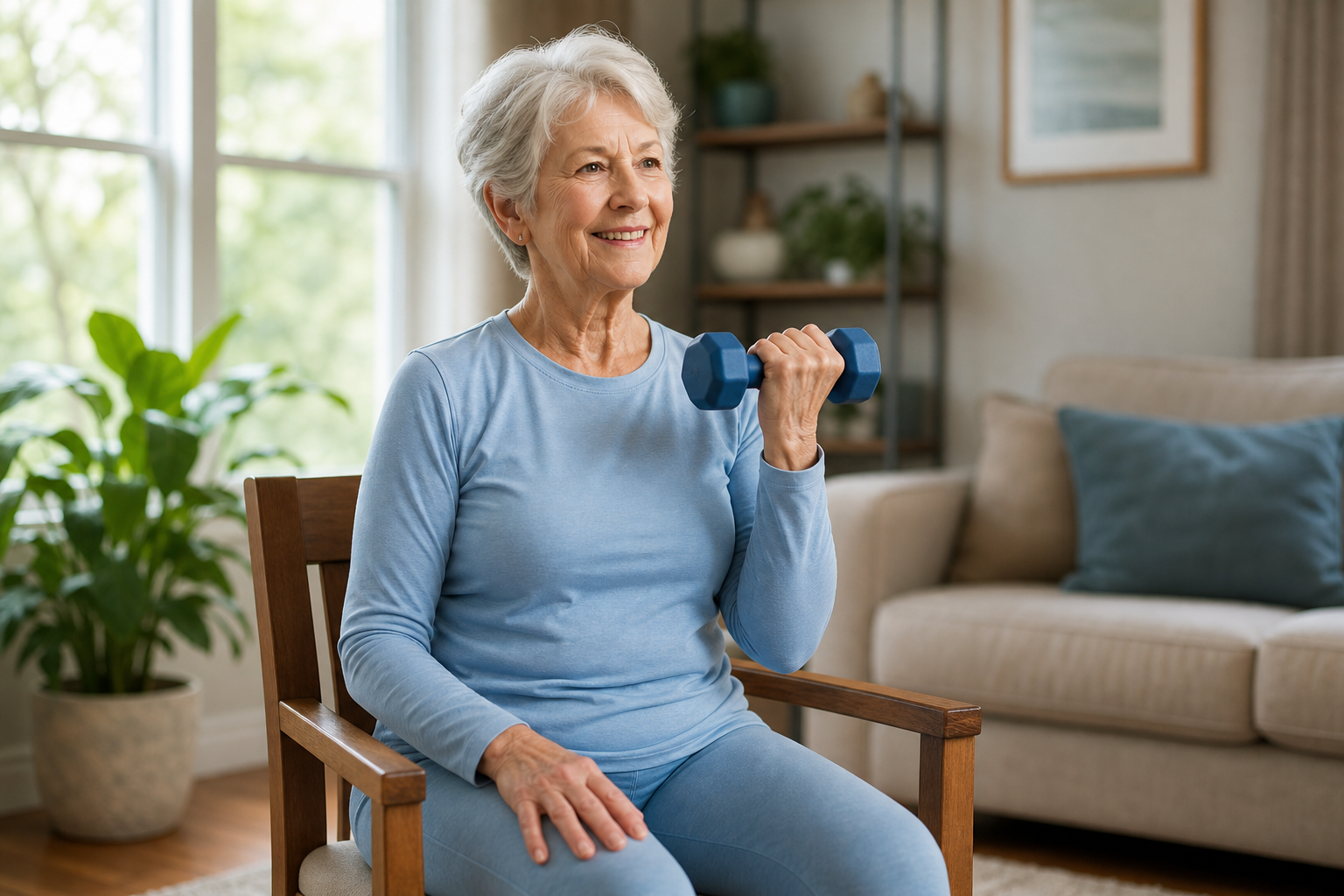 Senior woman seated in a chair performing a bicep curl with a dumbbell