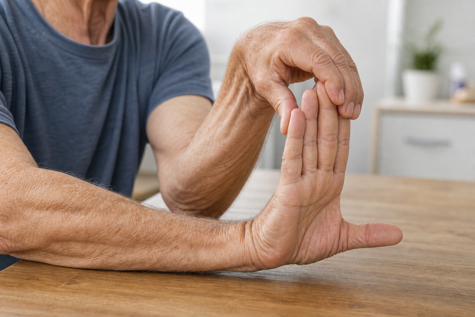 Close-up of senior man's hands performing a gentle wrist stretch on a wooden table