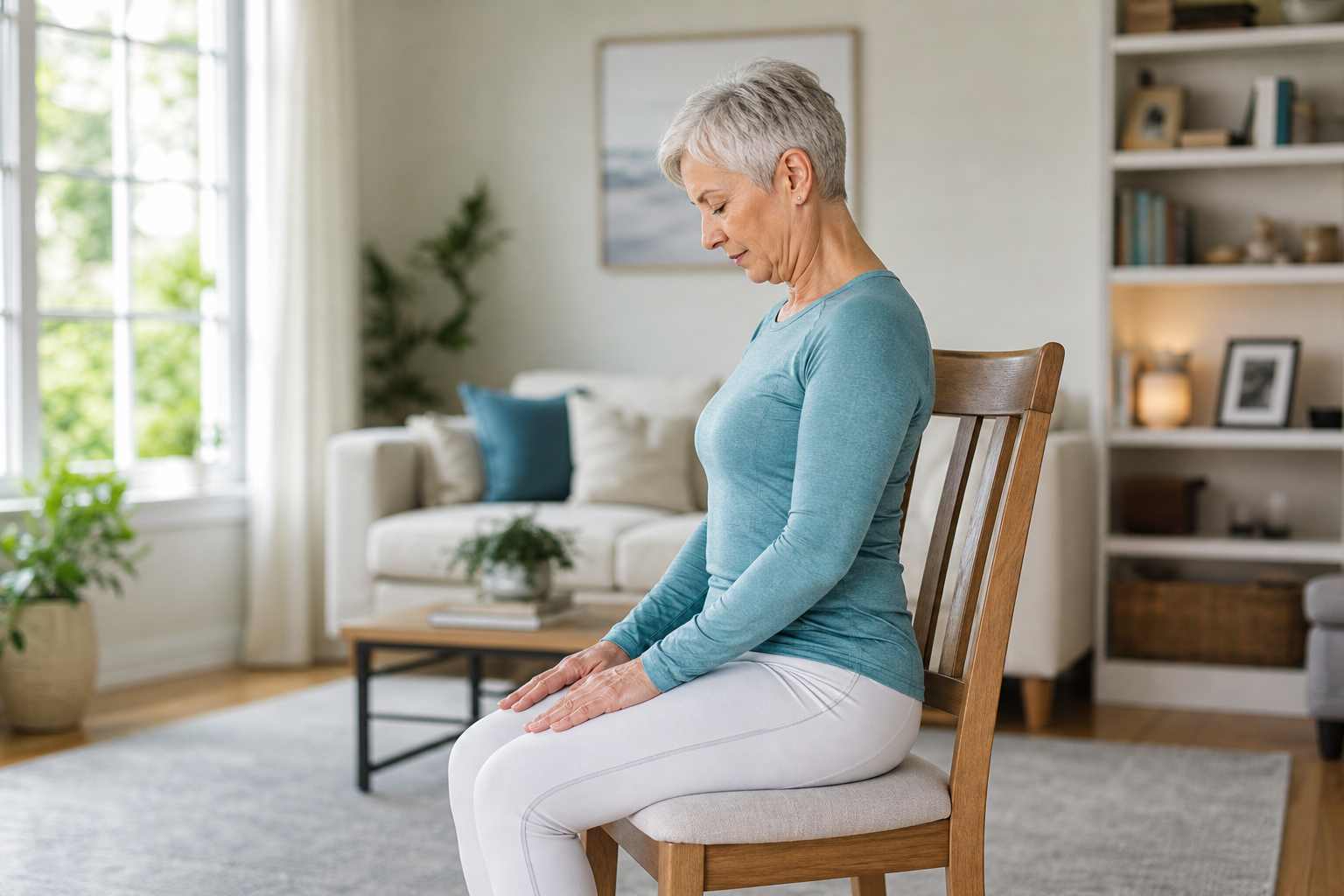 Senior woman doing a posture exercise seated on a chair in a bright living room
