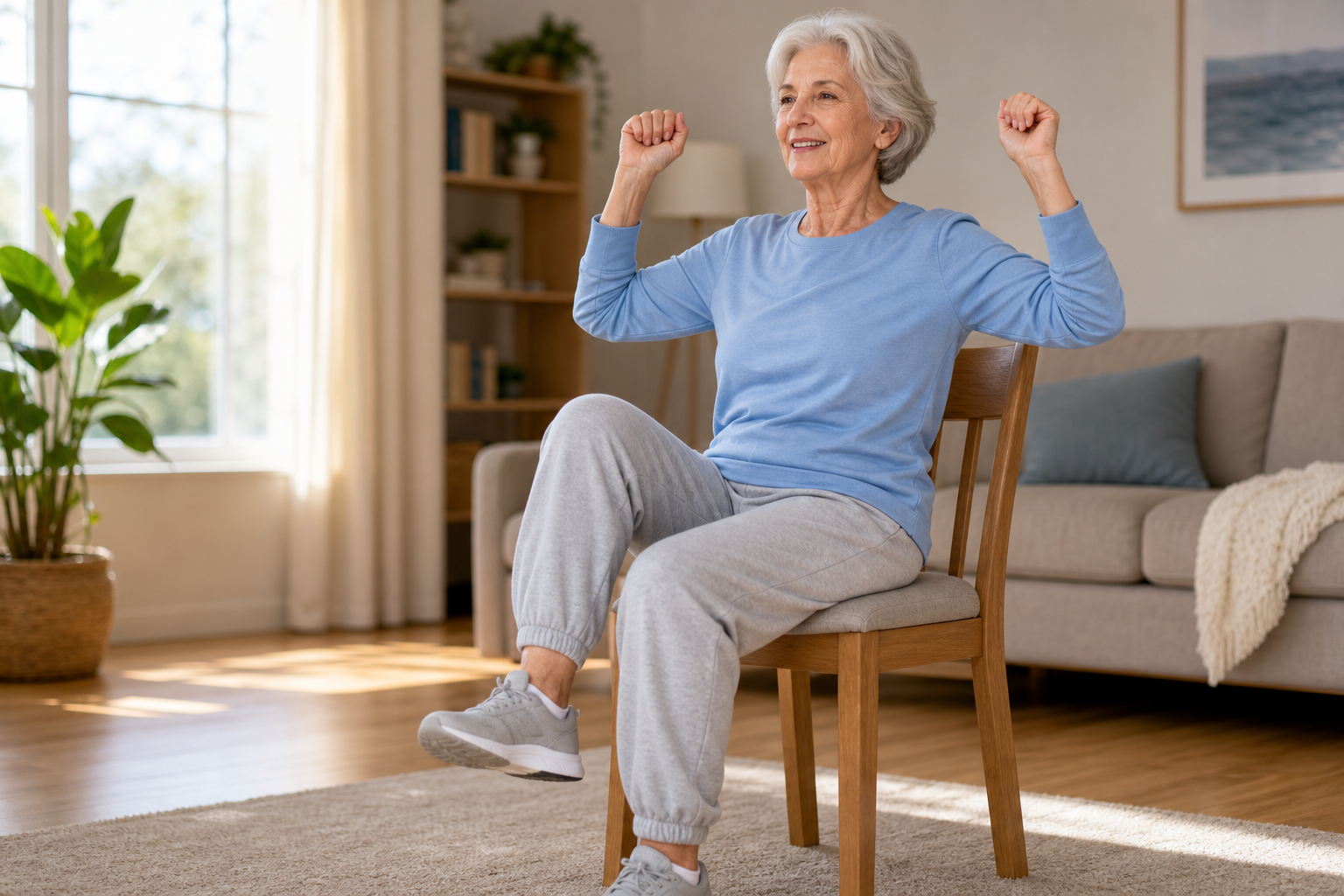 Elderly woman performing seated cardio exercises on a chair in a bright living room