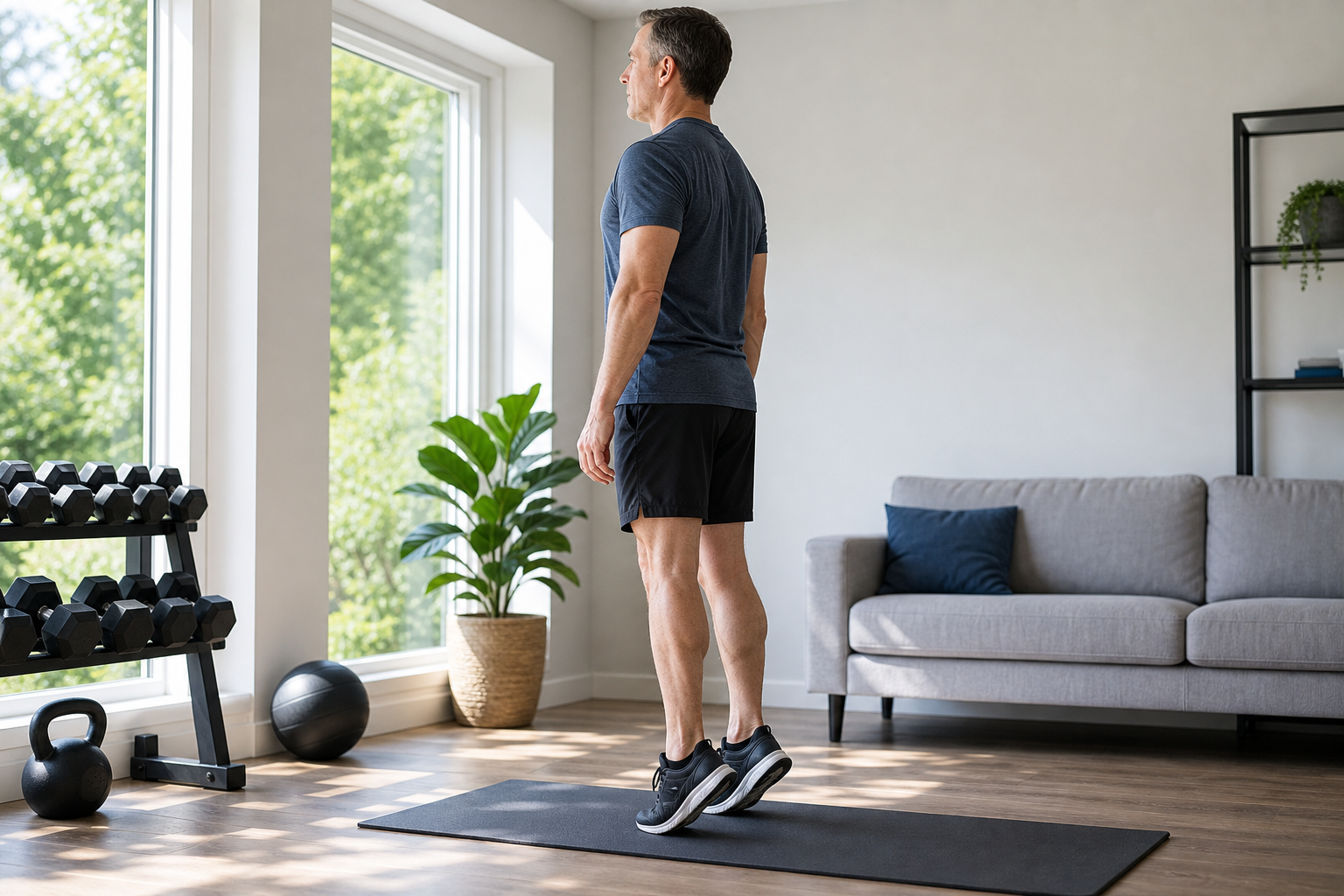 Person performing calf raise exercise to improve leg circulation at home