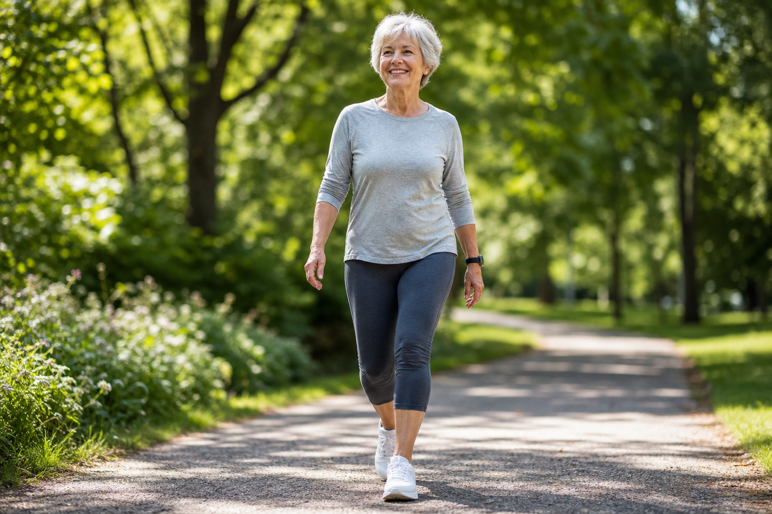 An older woman walking confidently on a sunlit park path, illustrating balance and fall prevention