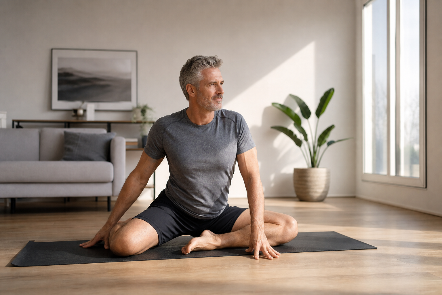 Person doing a morning mobility stretch on a yoga mat in a bright living room