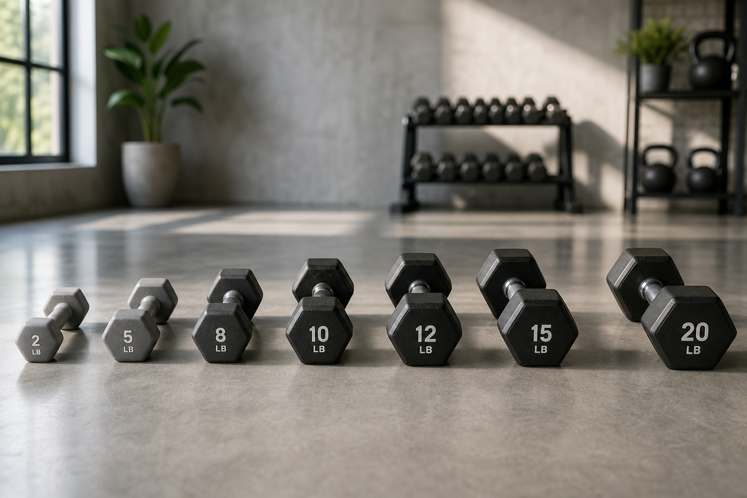 A progressive lineup of dumbbells from lightest to heaviest, representing the concept of progressive overload in strength training