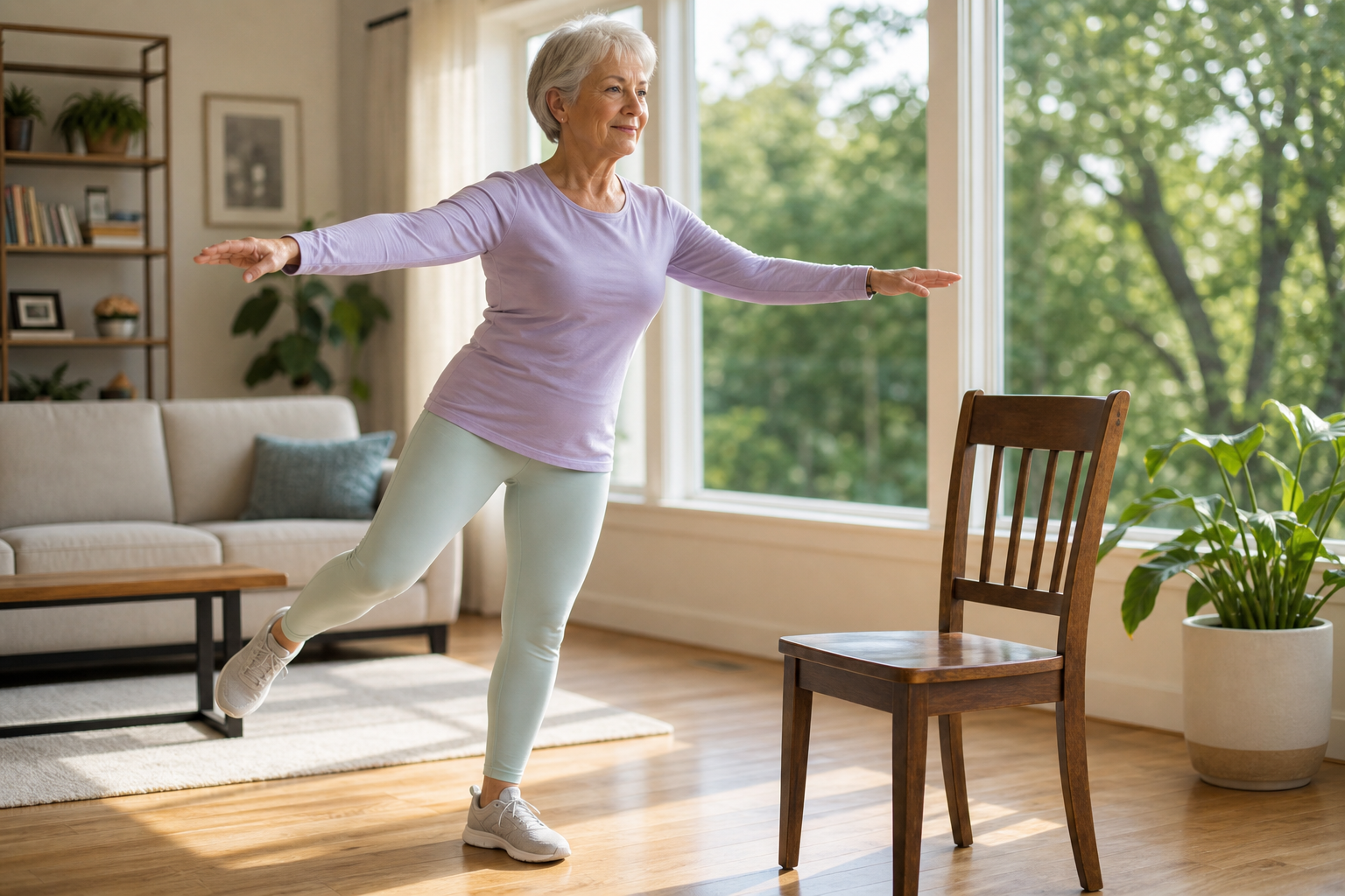 Older woman performing a single-leg standing balance exercise beside a chair in a sunlit living room