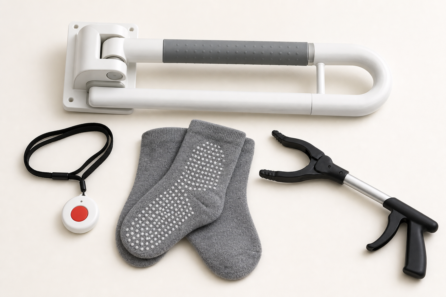 Assistive devices for fall prevention and floor recovery including a medical alert pendant and grab bar