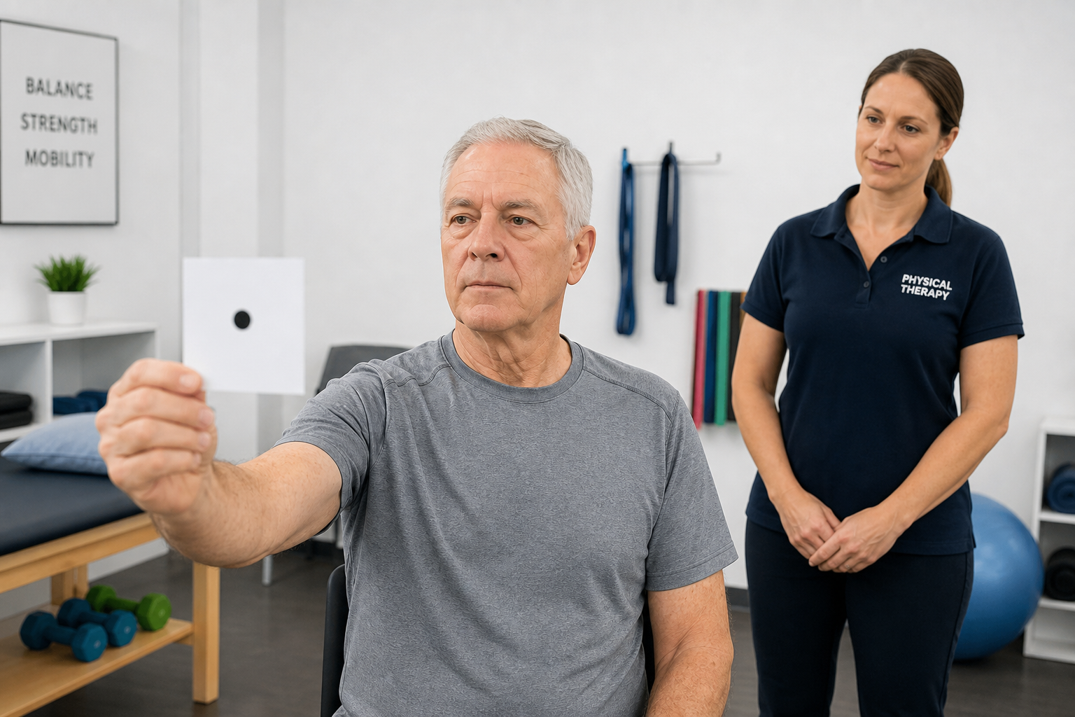 Senior man performing a gaze stabilization exercise with a focus card in a therapy setting