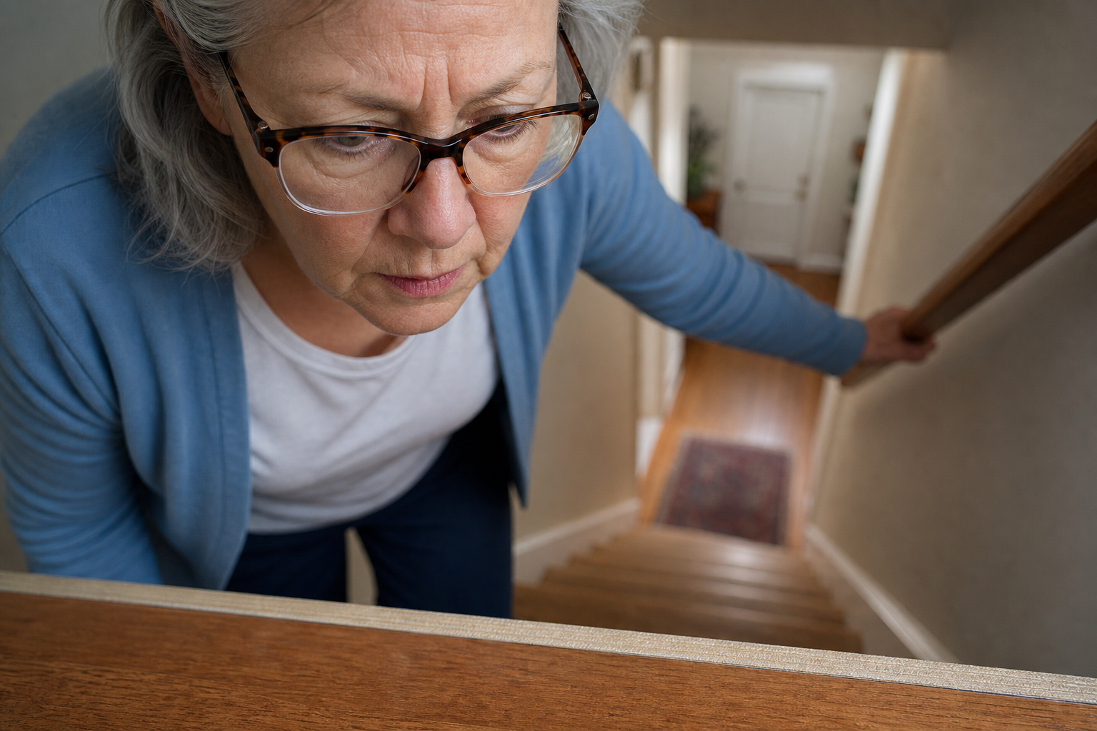 Older woman wearing progressive lenses looking down cautiously at stair steps illustrating bifocal fall risk