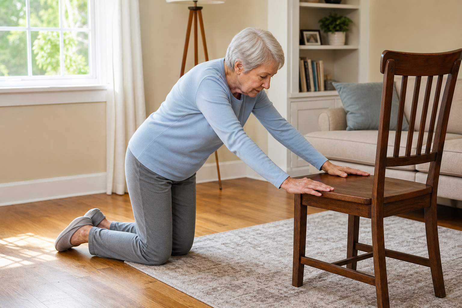 Elderly woman using a chair to push herself up from the floor safely