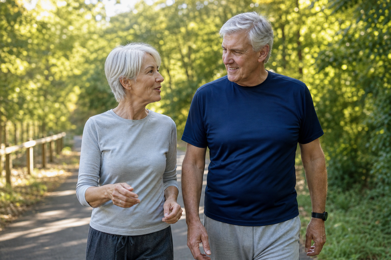 Senior couple talking comfortably while walking outdoors, demonstrating the talk test during exercise