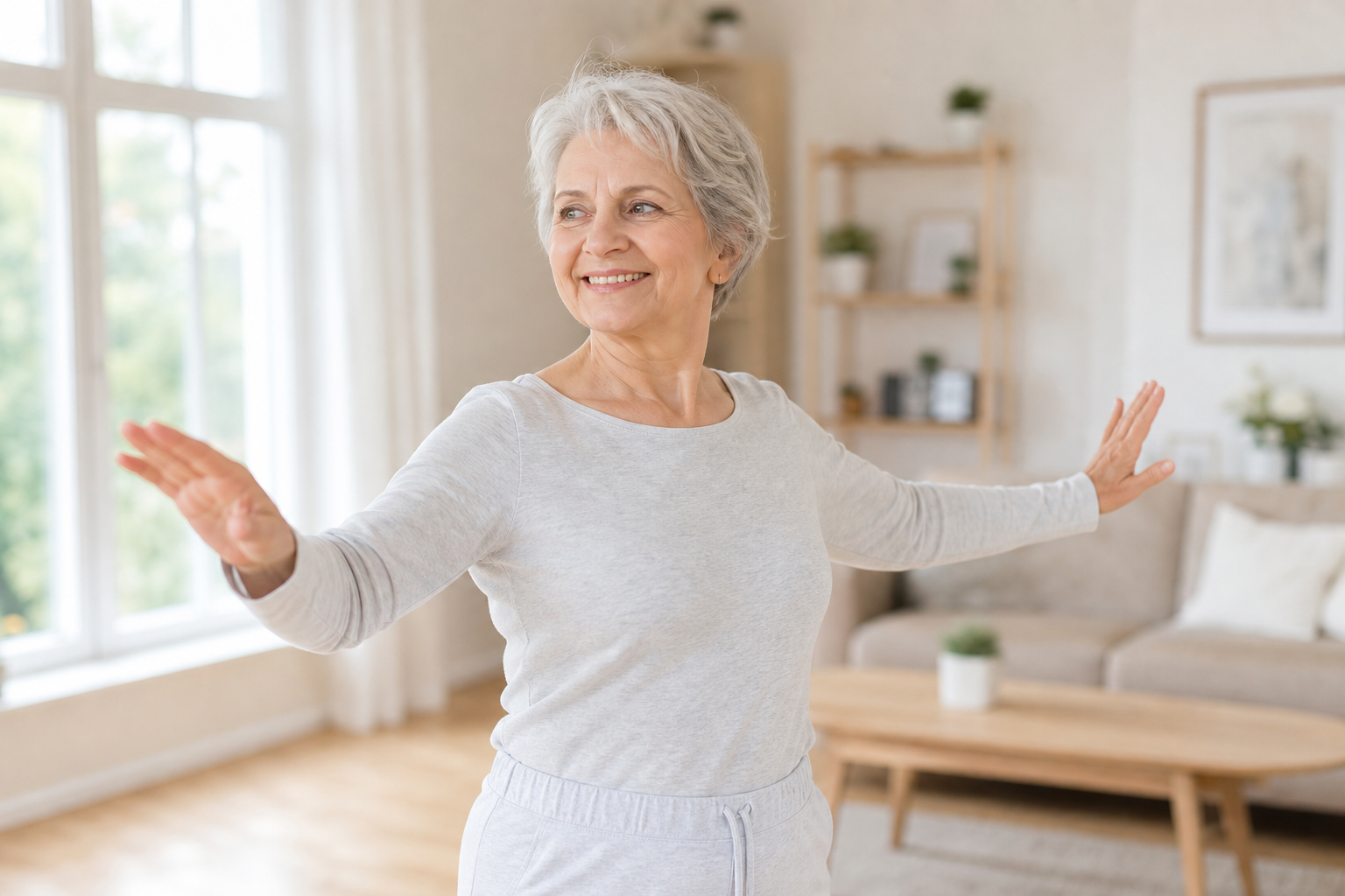 Senior woman performing a shoulder stretch exercise at home in natural light
