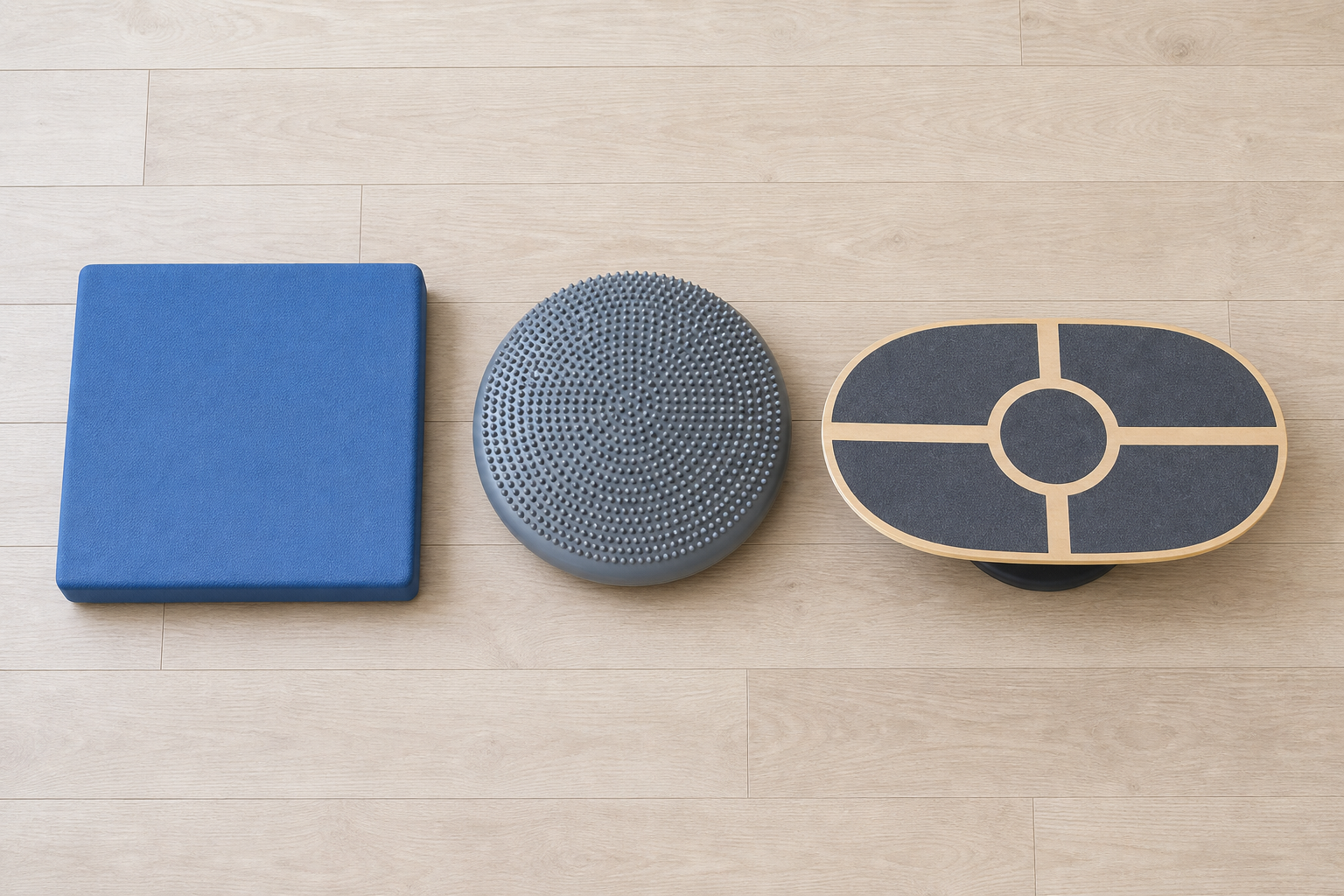 Three types of balance training equipment arranged side by side on a wooden floor: foam pad, wobble cushion, and balance board