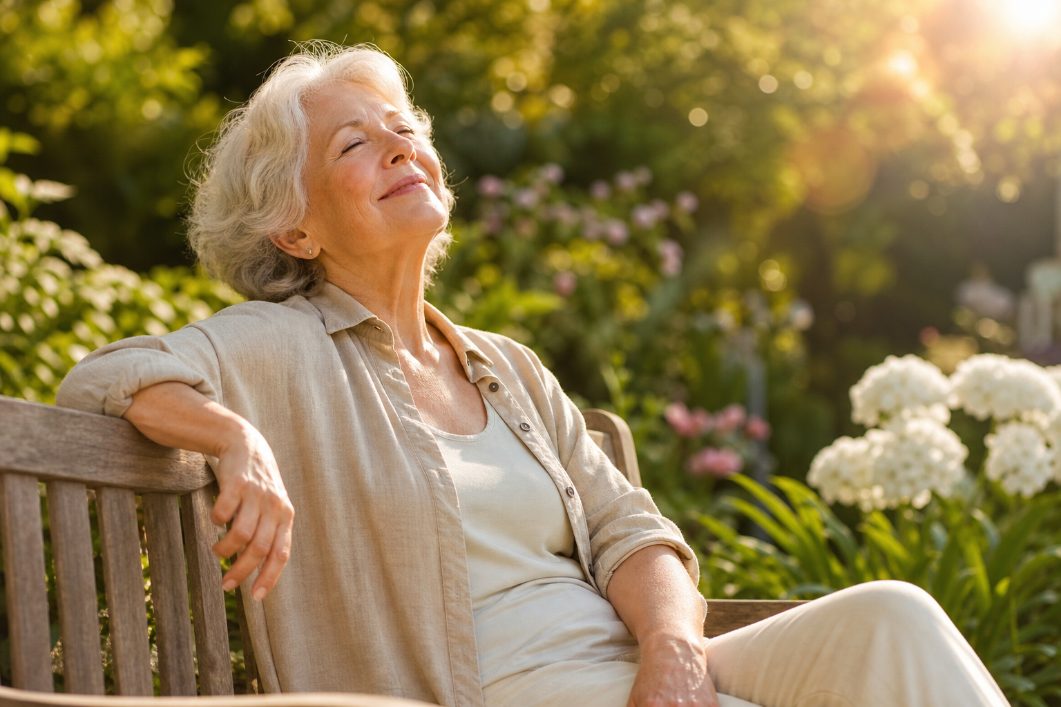 Senior woman sitting outdoors in sunlight, representing vitamin D synthesis through sun exposure