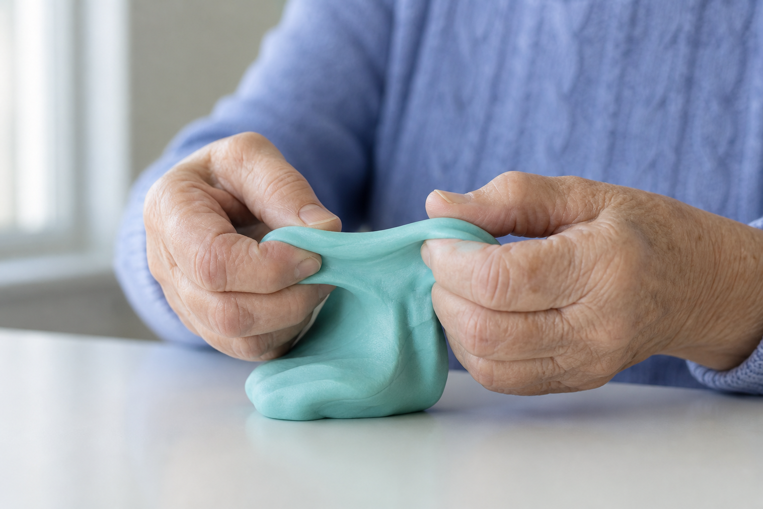 Elderly woman with arthritic hands using colorful therapy putty for rehabilitation
