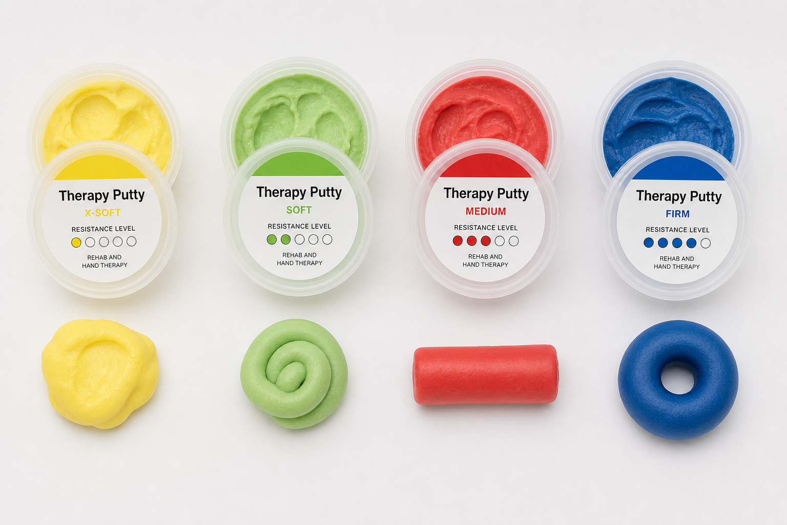 Multiple containers of therapy putty in different colors representing various resistance levels displayed on a clean surface