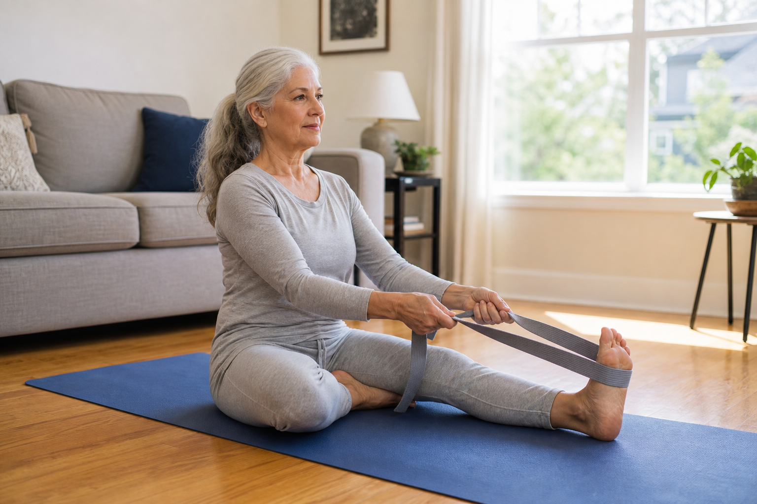An older woman sitting on a yoga mat using a stretching strap to perform a hamstring stretch