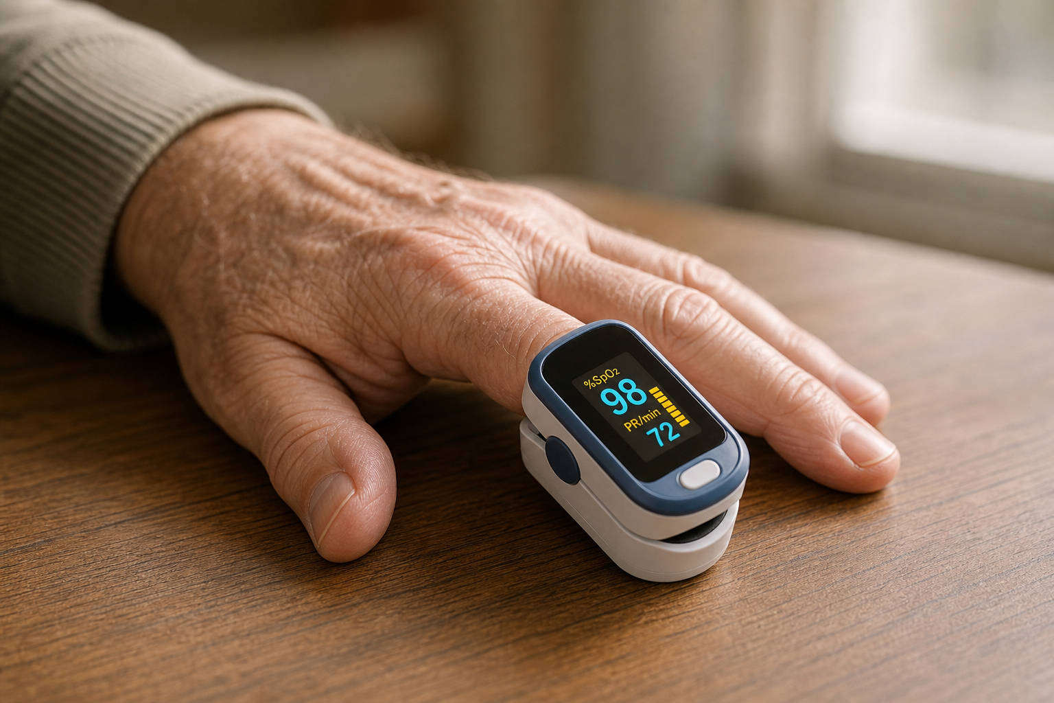 Close-up of a senior's hand with a pulse oximeter correctly placed on the index finger for an accurate reading