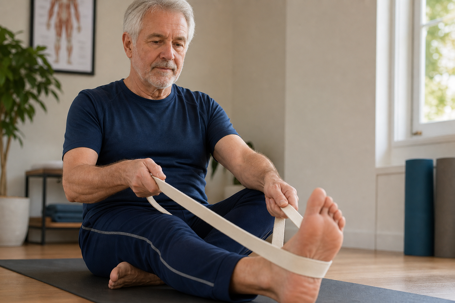 A senior man carefully gripping a stretching strap during a guided stretch on a yoga mat