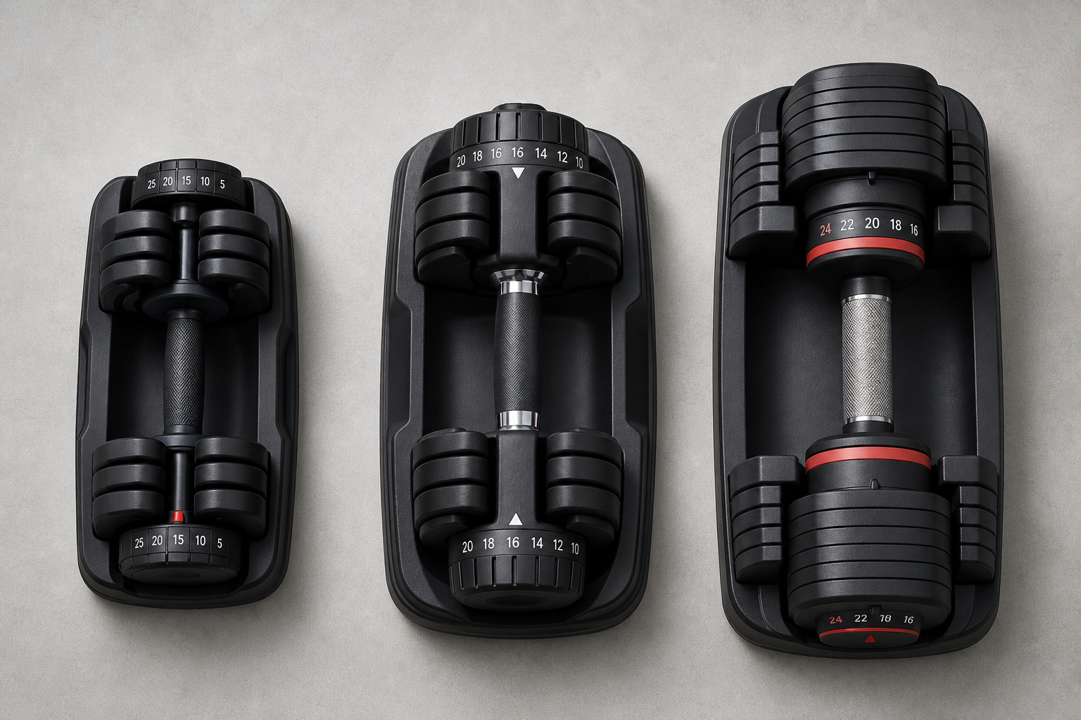 Three different adjustable dumbbell sets arranged side by side on a neutral surface for comparison
