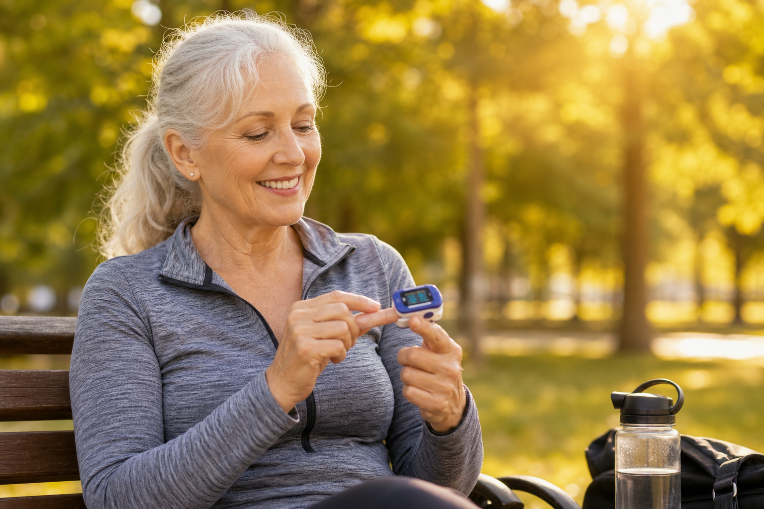 An active senior woman checking her pulse oximeter reading outdoors after exercise